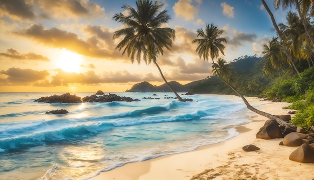 La spiaggia blu di un'isola paradisiaca tropicale al tramonto con un paesaggio verde di alberi di cocco