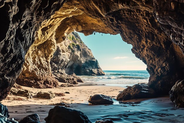 la spiaggia dall'interno di una grande grotta rocciosa