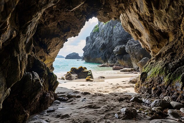 la spiaggia dall'interno di una grande grotta rocciosa