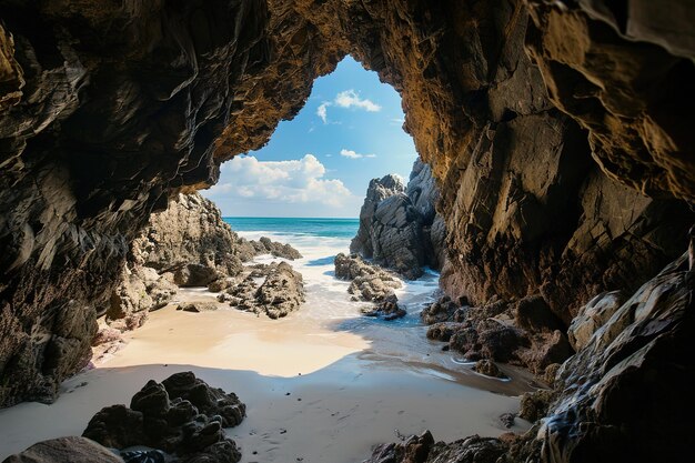 la spiaggia dall'interno di una grande grotta rocciosa