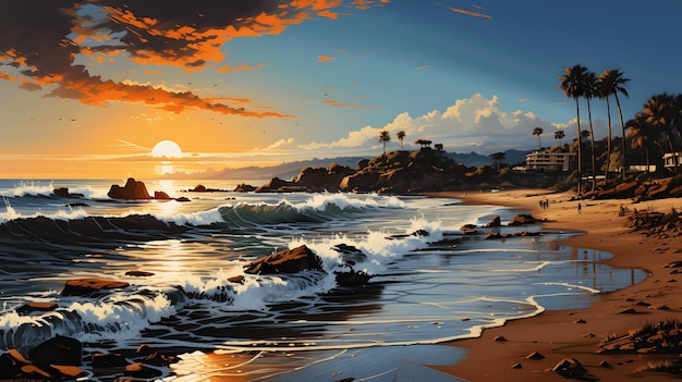 La spiaggia del tramonto è un posto bellissimo con palme da spiaggia sabbiosa e un oceano blu cristallino