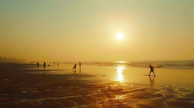 La spiaggia di Juhu a Mumbai all'alba, i corridori di yoga, la sabbia vasta, il sole che sorge in un ambiente sereno.