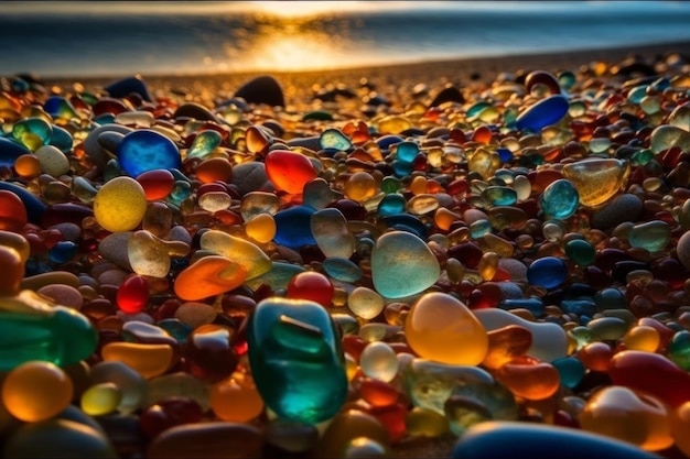 La spiaggia è piena di ciottoli colorati.