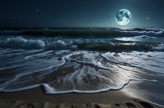 La spiaggia illuminata dalla luna con le onde che si schiantano sulla riva