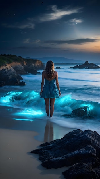 La spiaggia illuminata dalla luna con onde bioluminescenti luminose