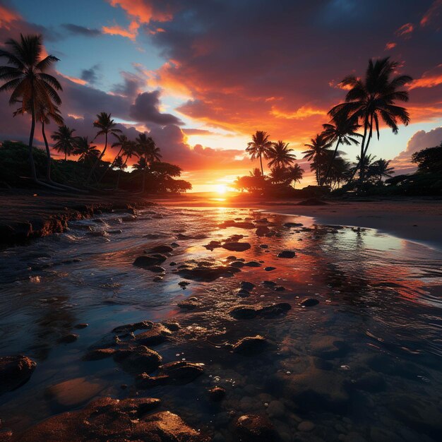 La spiaggia paradisiaca al tramonto, le palme tropicali.