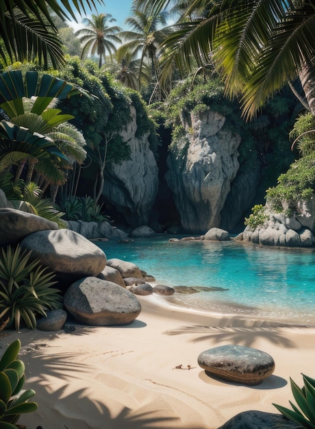 La spiaggia tropicale 3D dell'isola rende liberamente Fotografia Stock Paesaggio naturale di vista del mare della spiaggia dell'oceano ed isola s