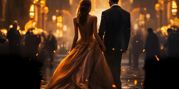 La splendida sposa e lo sposo camminano eleganti nozze di notte