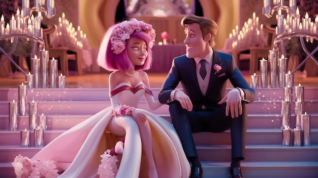La sposa con i capelli rosa e lo sposo elegante si siedono sui gradini con candele luccicanti