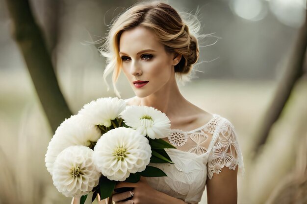 La sposa con un mazzo di fiori bianchi