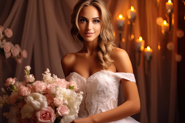 La sposa di nozze di lusso posa e sorride con un bouquet