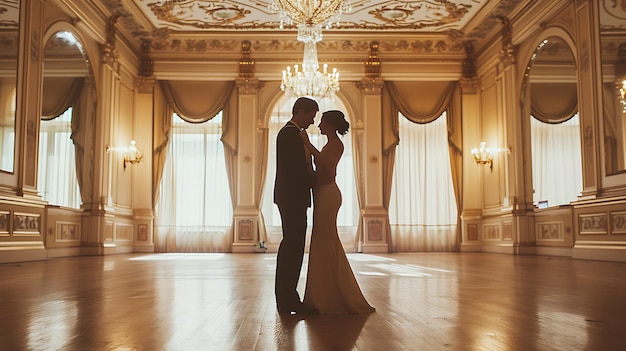 La sposa e lo sposo condividono un momento di tenerezza nel mezzo di una grande sala da ballo