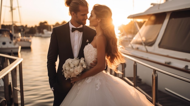 La sposa e lo sposo si baciano dolcemente su uno yacht sullo sfondo del mare.