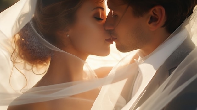 La sposa e lo sposo si baciano dolcemente sullo sfondo di una natura mozzafiato.