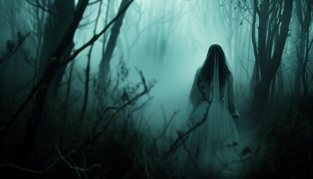 La sposa in abito bianco in piedi nella foresta nebbiosa