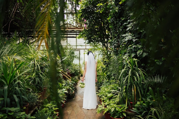 la sposa in abito da sposa cammina in giardino