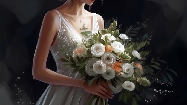 La sposa in un abito da sposa bianco tiene un bouquet da sposa Il bouquet è composto da bianco