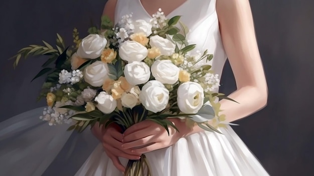 La sposa in un abito da sposa bianco tiene un bouquet da sposa Il bouquet è composto da bianco