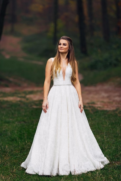 La sposa in un bellissimo abito da sposa ha incrociato le braccia e ha guardato