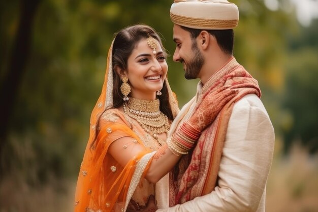 La sposa sorridente che tocca la mano dello sposo mentre lui le tiene la vita creata con l'AI generativa