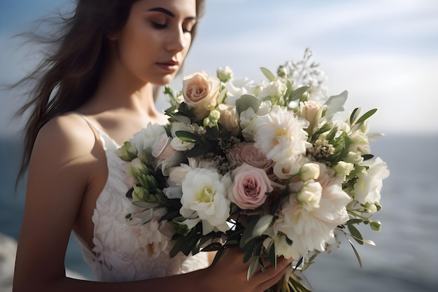 La sposa tiene in mano un bouquet da sposa sullo sfondo del mare Generative AI 2