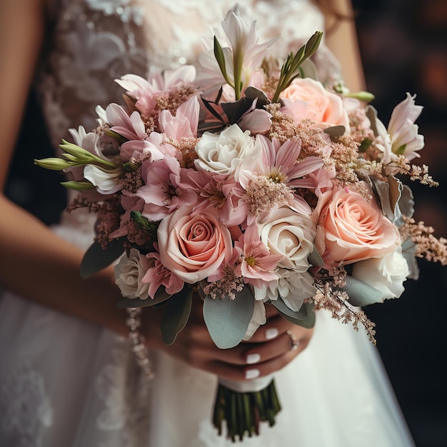 La sposa tiene in mano un mazzo di fiori