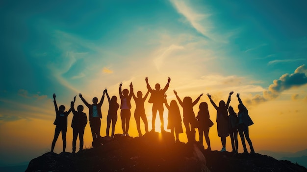 La squadra d'affari celebra il trionfo al vertice durante il tramonto