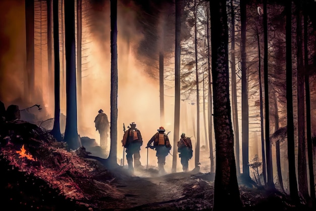 La squadra dei vigili del fuoco combatte un incendio boschivo Ia generativo