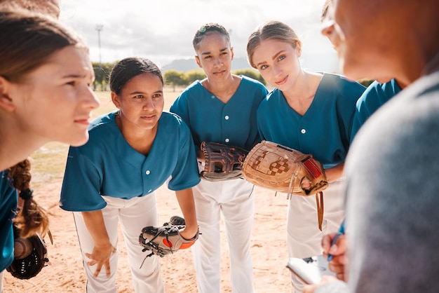 La squadra di baseball e l'allenatore in conversazione parlano e parlano della strategia di gioco per un gioco Collaborazione e coaching nel lavoro di squadra con donne o adolescenti ascoltano il leader del gruppo durante la discussione sportiva