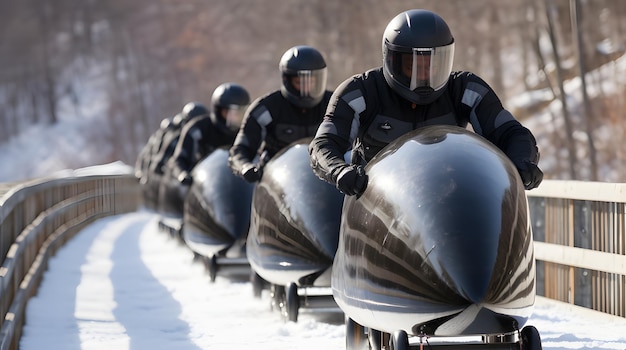 La squadra di bob sta partendo all'inizio di una gara su pista ghiacciata