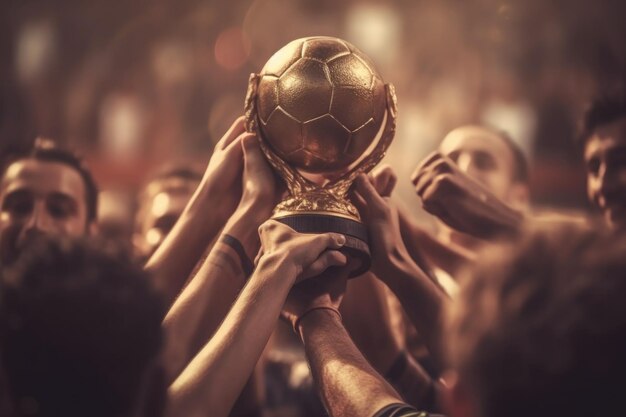 La squadra di calcio felice e soddisfatta ha vinto la coppa d'oro realizzata con la tecnologia Generative AI