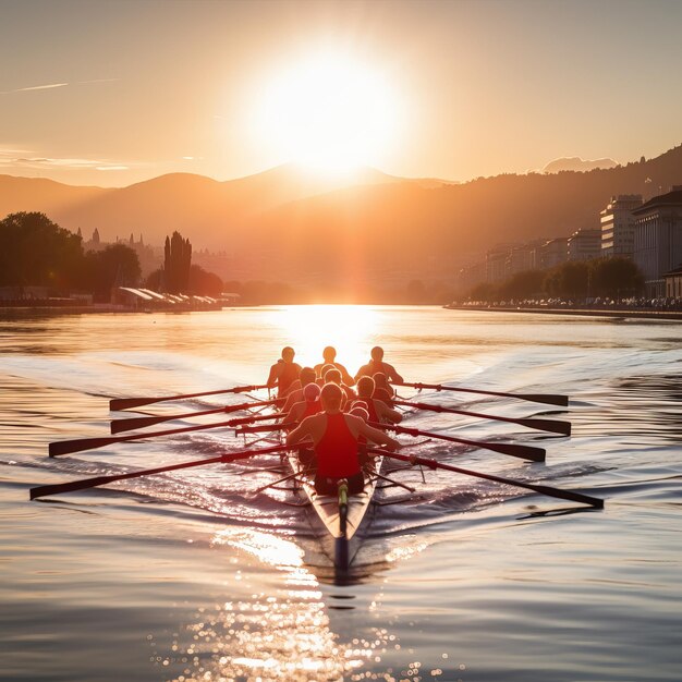 La squadra di canottaggio canotta il cranio sul lago