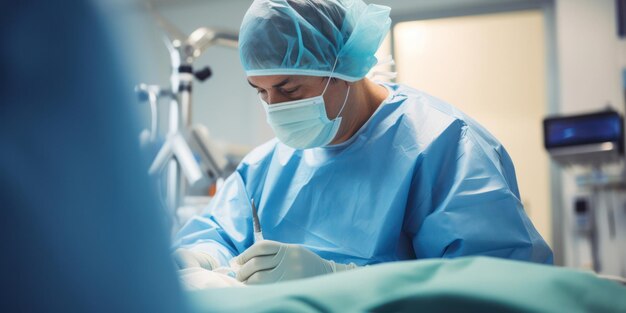 La squadra di chirurghi professionisti in una sala operatoria sterile esegue un'operazione clinica con attrezzature chirurgiche