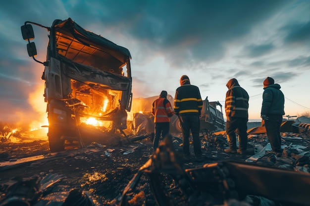 La squadra di indagine esamina i rottami di un camion in fiamme.