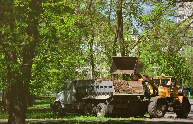 La squadra di miglioramento della città rimuove le foglie cadute nel parco con un escavatore e un camion