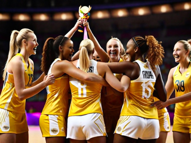 La squadra di netball vincitrice della medaglia d'oro e le donne festeggiano il successo sportivo