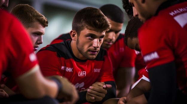 La squadra di rugby strategizza durante l'intervallo sotto le luci dello stadio