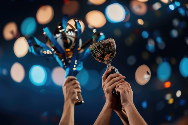 La squadra sportiva celebra la vittoria con un trofeo