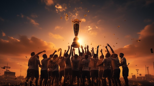 La squadra vincente con la coppa del trofeo d'oro contro il sole che splende nel cielo