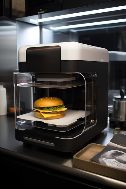 La stampante 3D stampa l'hamburger di carne Dispositivo di cottura del futuro per produrre cibo Tecnologia del futuro domestico Composizione realistica con processo Stampa 3D dell'imitazione dell'hamburger Intelligenza artificiale generata