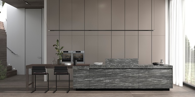 La stanza 3d della cucina di interior design minimale di lusso moderno rende l'illustrazione.