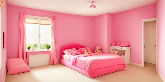 la stanza e il letto del bambino sono decorati in rosa con diversi dipinti di bambole e un divano