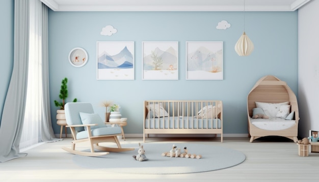 La stanza è una nursery per bambini di colore blu chiaro.