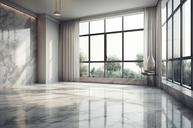 La stanza è vuota e ha un'enorme finestra panoramica, vetrate bianche, una tenda grigia e un pavimento in marmo grigio.