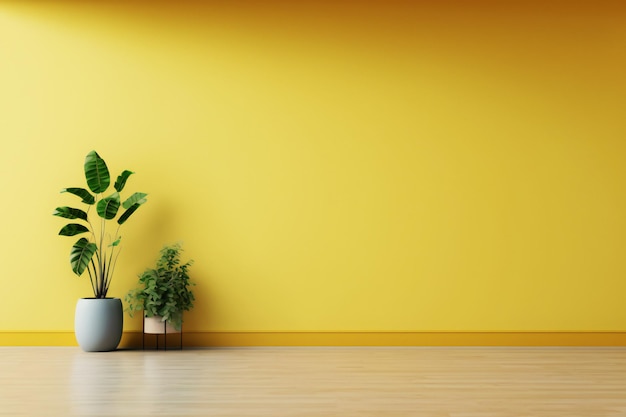 La stanza vuota con piante ha pavimento in legno su sfondo giallo della parete