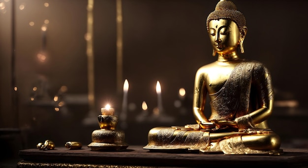 La statua d'oro di Buddha in una stanza buia con uno sfondo sfocato