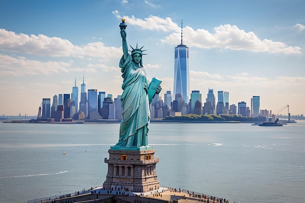 La Statua della Libertà con lo sfondo del One World Trade Center Punti di riferimento della città di New York negli Stati Uniti