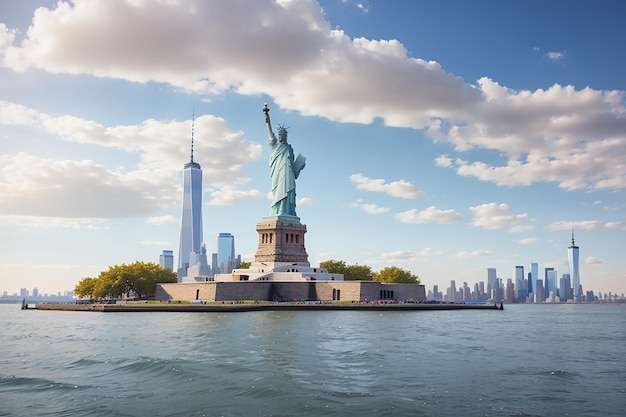 La Statua della Libertà con lo sfondo del One World Trade Center Punti di riferimento della città di New York negli Stati Uniti