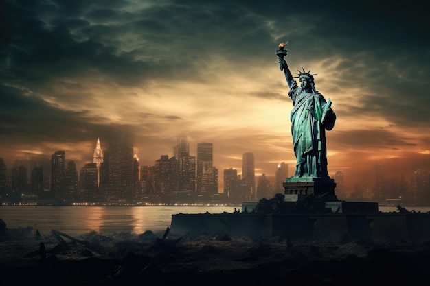 La Statua della Libertà si trova di fronte all'orizzonte della città La Statue della Libertà sulla scena della riva del fiume New York Cityscape che si trova nella parte inferiore di Manhattan generata dall'IA