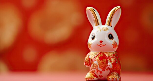 La statuetta del coniglio del nuovo anno cinese è di fronte a uno sfondo rosso